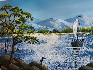Demo 2, acrylic lake and mountain scene, brush and palette knife.